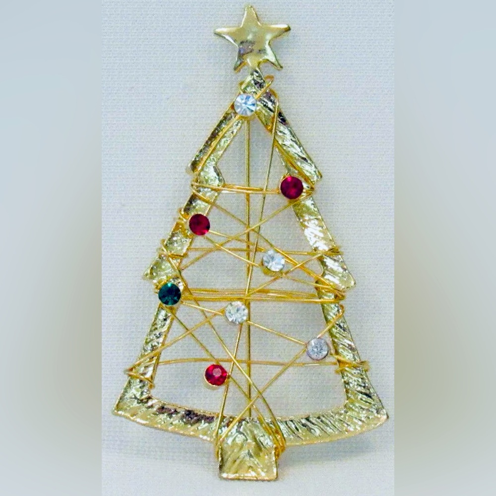 Gold-Tone Christmas Tree Brooch with Red & Green Accents